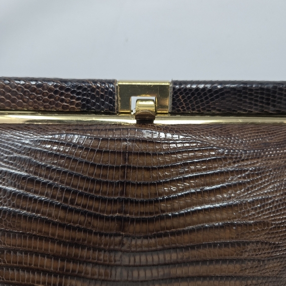 Womens Vintage Purse 1950's Dark Brown Exotic Repile Skin Arm Handbag Gold Tone - Picture 4 of 15